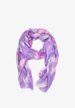 Sciarpa leggera viola con motivi astratti nei toni del rosa e grigio, con sottili accenti dorati. Tessuto morbido e fluido.