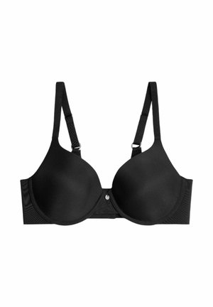 Sujetador negro acolchado con aros, tirantes ajustables y textura suave. Cuenta con un cierre frontal con un pequeño elemento decorativo.