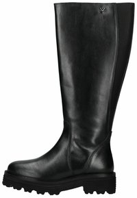 Schwarze Lederstiefel bis zur Knielänge mit glatter Oberfläche, strukturiertem Seitenpanel, dickem Gummisohle und kleiner Logo-Applikation nahe der Oberseite.