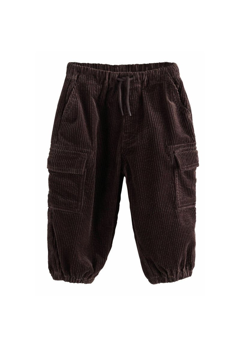 Pantalon cargo en velours côtelé marron foncé avec taille élastique, cordon de serrage, poches latérales et bas élastiques aux chevilles.