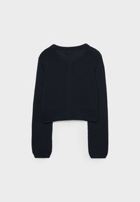 Cropped, navy blue sweater in textured knit with long sleeves and a ribbed neckline. Features a simple design without embellishments.