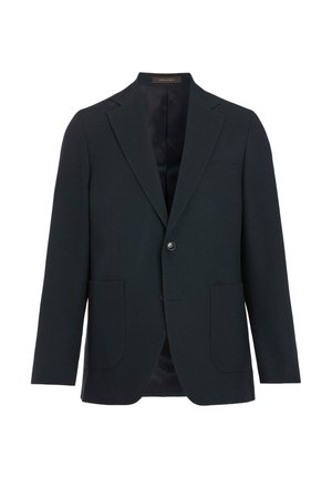 Ciemnogranatowy, jednorzędowy blezer z klapami z wycięciem, dwiema przednimi kieszeniami naszywanymi i zapięciem na jeden guzik.