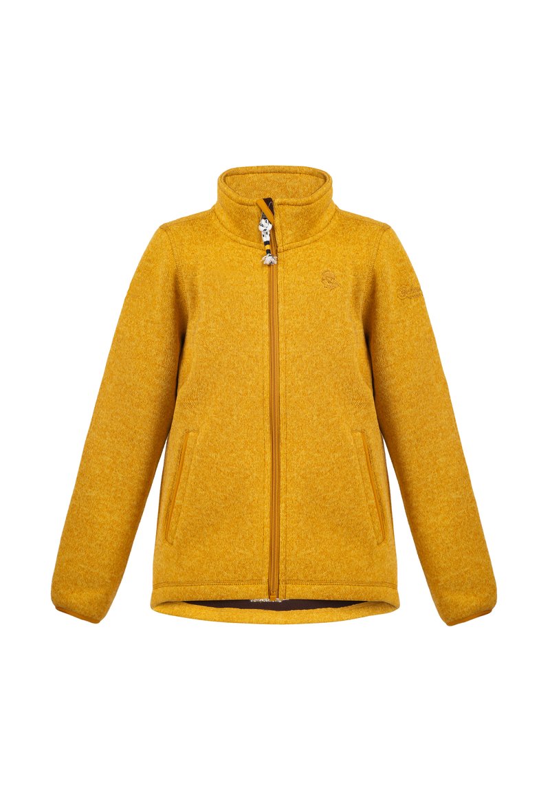 Gul fleecejacka med hög krage, framdragkedja och två sidofickor. Mjuk textur med ett melerat mönster.