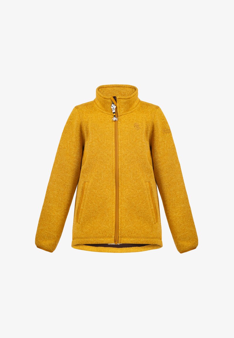 Gul fleecejacka med hög krage, framdragkedja och två sidofickor. Mjuk textur med ett melerat mönster.