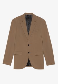 Blazer marrón con un diseño de un solo botón, solapas con muescas, dos bolsillos frontales y un forro de satén negro; cuenta con dos botones.
