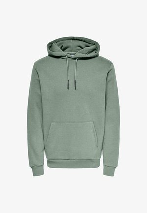 Sweatshirt à capuche vert en tissu doux, doté d'une poche avant, de cordons de serrage, de poignets et d'un ourlet côtelés, avec une coupe décontractée et un design minimaliste.