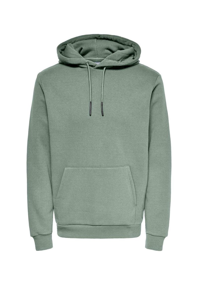 Green hoodie made of soft fabric, featuring a front pocket, drawstrings, ribbed cuffs, and hem, with a relaxed fit and minimalistic design.