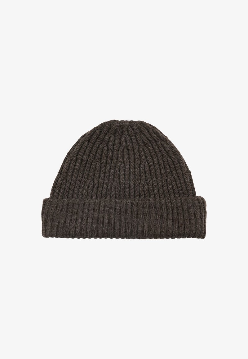 Mørkegrå ribbestrikket hue med foldet kant, designet til varme og afslappet brug.