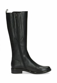 Bota de cuero negra hasta la rodilla con panel texturizado, cremallera lateral y puntera lisa. Presenta un suave brillo y un diseño de tacón plano.