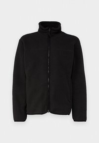 Sort fleecejakke med høj krave, fuld længde lynlås og lange ærmer. Teksturen er blød og fuzzy, og jakken har et enkelt, ensfarvet design.