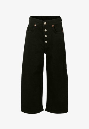 Zwarte broek met wijde pijpen, gemaakt van denim. Beschikt over vijf zakken, een hoge tailleband en zilveren metalen knopen aan de voorkant voor sluiting.