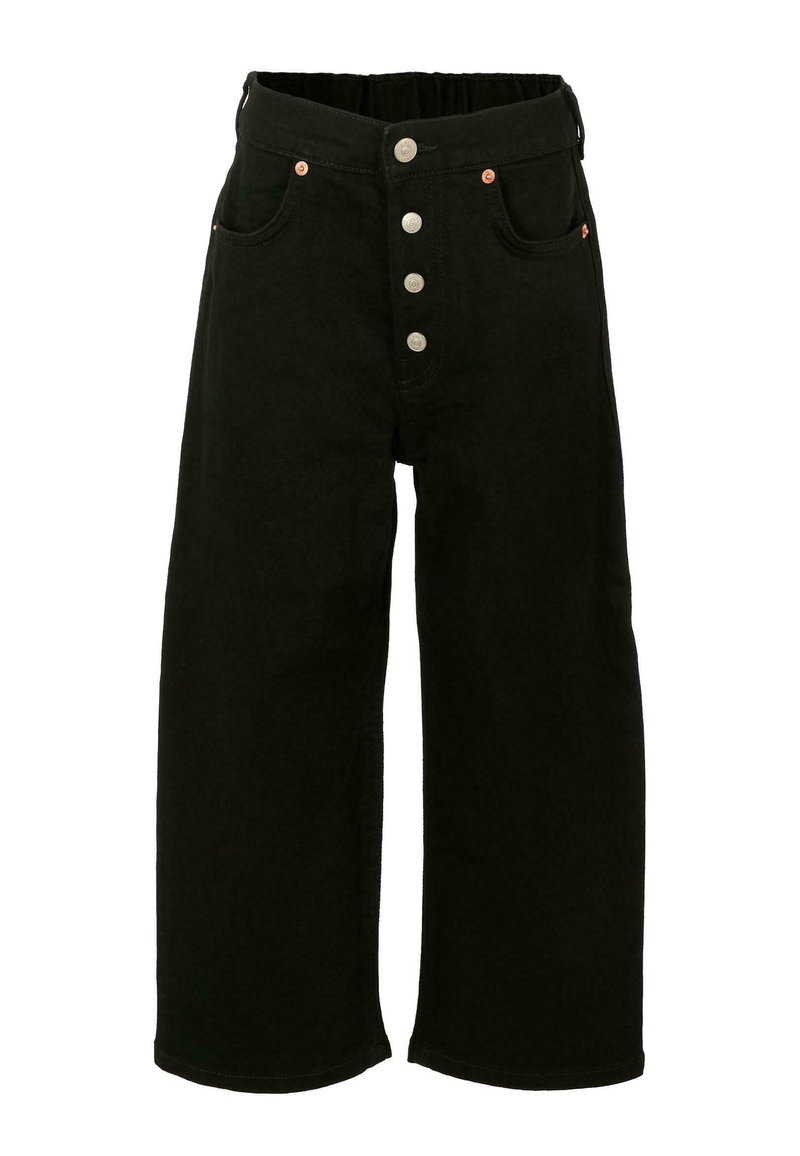 Jeans neri a gamba larga in denim. Presentano cinque tasche, una vita alta e bottoni metallici argentati davanti per la chiusura.