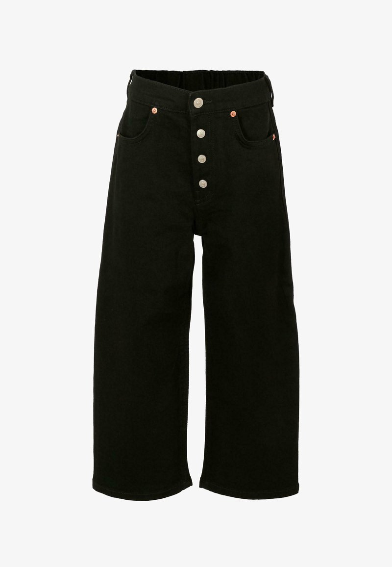 Jeans neri a gamba larga in denim. Presentano cinque tasche, una vita alta e bottoni metallici argentati davanti per la chiusura.