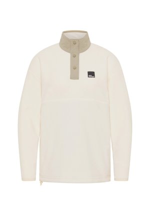 Fleeces krekls off-white krāsā ar kontrastējošu bēša krāsas apkakli, trim pogām un logo uzplecu. Iespējama teksturēta apdare un regulējams apakšmalas garums.