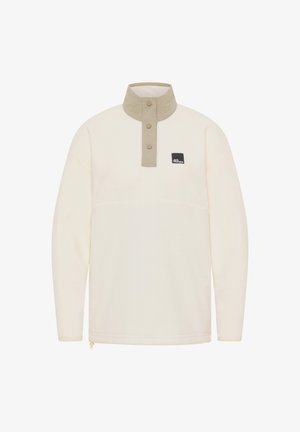 Fleece-Pullover in Off-White mit einem kontrastierenden beigen Kragen, drei Knöpfen und einem Logo-Patch. Verfügt über eine strukturierte Oberfläche und einen verstellbaren Saum.