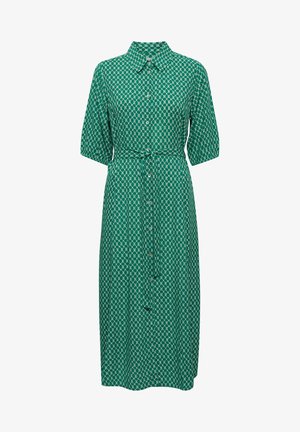 Abito verde a maniche corte con bottoni, caratterizzato da un sottile motivo circolare, una cintura in vita e un orlo di lunghezza media. Tessuto morbido.