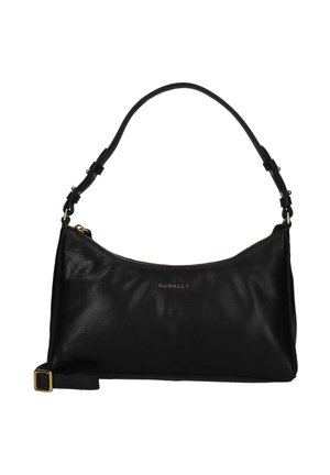 Black leather shoulder bag with gold zipper, adjustable strap, and small gold "Burkely" logo on front center.