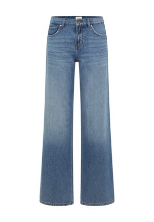 Jeans a gamba larga in denim azzurro chiaro, con un effetto gradiente sbiadito, tasche frontali e chiusura con bottone in metallo beige.