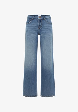 Jeans a gamba larga in denim azzurro chiaro, con un effetto gradiente sbiadito, tasche frontali e chiusura con bottone in metallo beige.