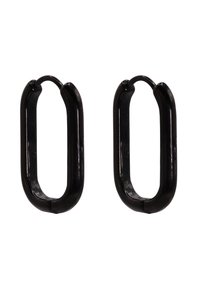 Collegamenti ovali in metallo nero con una superficie liscia e un design curvo, dotati di una piccola apertura per il fissaggio.