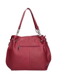 Borsa a tracolla in pelle rossa con texture liscia, forma curva, dettagli argentati e una tasca con zip sulla parte anteriore. Tracolla regolabile.