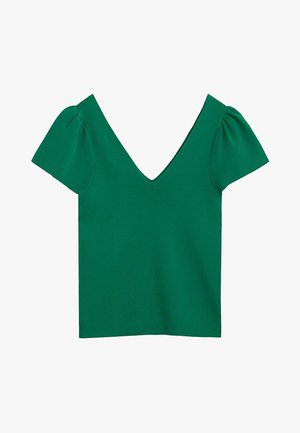 Green short-sleeved top with a deep v-neckline, made from a ribbed fabric. Features puffed sleeves and a fitted silhouette.