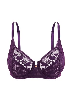 Soutien-gorge à armatures en dentelle violette avec bretelles réglables et motif en maille florale sur les bonnets, détail au centre devant.