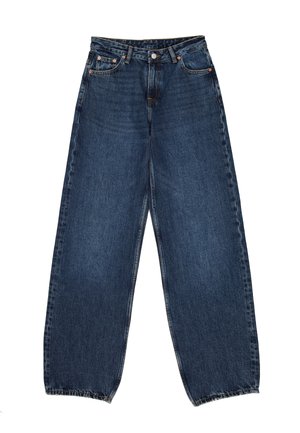 Jeans de mezclilla de pierna ancha en azul oscuro, con una cintura alta, cinco bolsillos, remaches de latón y dobladillos limpios.