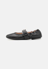 Black leather ballet flats with a rounded toe, featuring a wide strap with a rectangular buckle and subtle gathers at the heel.