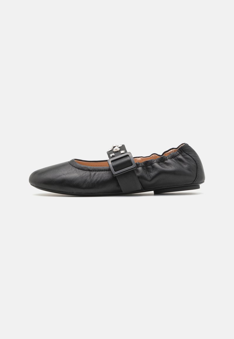 Black leather ballet flats with a rounded toe, featuring a wide strap with a rectangular buckle and subtle gathers at the heel.