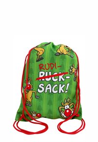 Sacca green con coulisse rossa, decorata con renne dei cartoni e il testo "RUDI-" sopra il "RUCK-SACK!" barrato in lettere bianche e rosse.