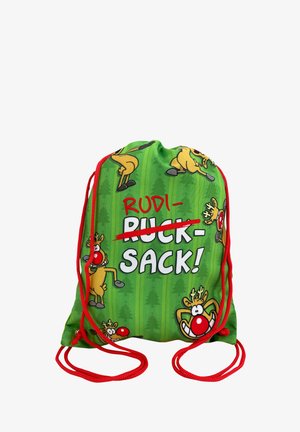 Sacca green con coulisse rossa, decorata con renne dei cartoni e il testo "RUDI-" sopra il "RUCK-SACK!" barrato in lettere bianche e rosse.