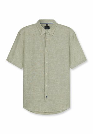 Kurzärmliges Hemd aus hellbeigem Leinenstoff mit klassischem Kragen und einem kleinen dunklen Knopf nahe dem Saum.