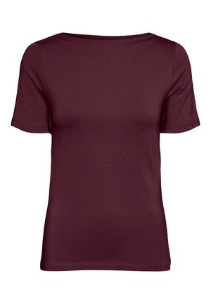 Kortermet damet-skjorte med rund hals i ensfarget mørk burgunder, med smal passform og enkelt design.