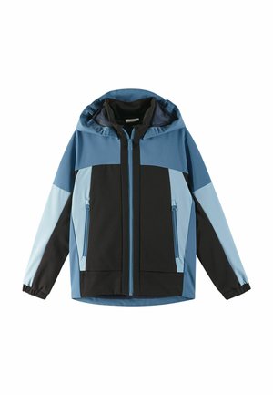Giacca zippata blu e nera con cappuccio, due tasche frontali, pannelli a contrasto e polsini elastici per una vestibilità aderente. Materiale morbido e traspirante.