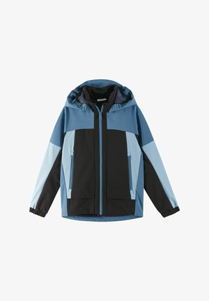 Blaue und schwarze Zip-Jacke mit Kapuze, zwei Fronttaschen, kontrastierenden Einsätzen und elastischen Bündchen für eine enge Passform. Weiches, atmungsaktives Material.
