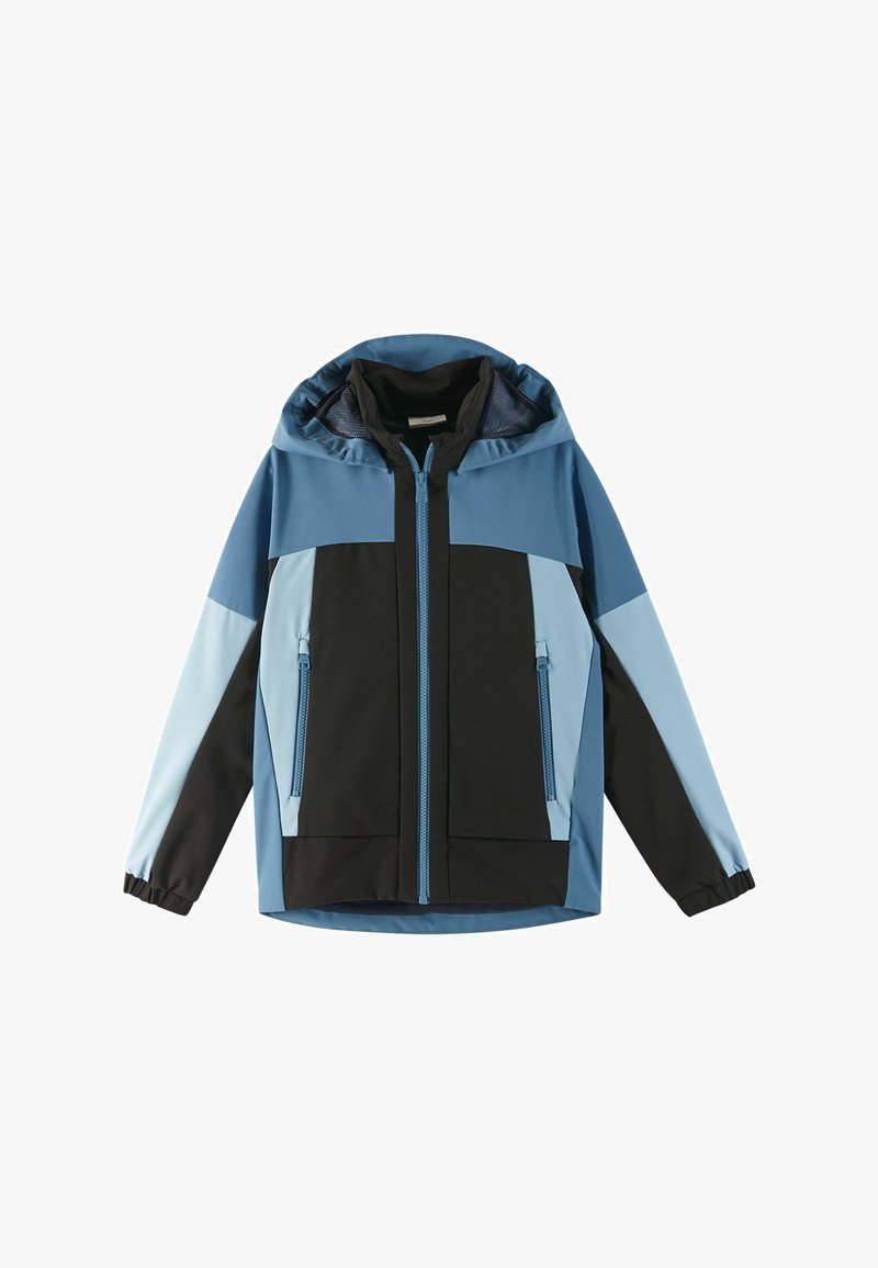 Blue and black zip-up jacket featuring a hood, two front pockets, contrasting panels, and elastic cuffs for a snug fit. Soft, breathable material.