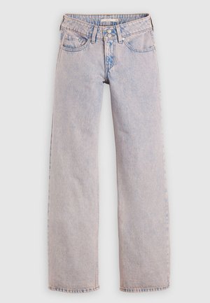 Svetlo oprane kavbojke iz jeansa z ravno nogo, s petimi žepi, zapiranjem na dvojni gumb in minimalnim bledenjem.