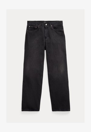 Jean noir en denim avec une coupe droite, cinq poches et fermeture à bouton. Présente un léger délavage et des détails de couture contrastants.