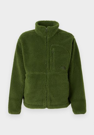 Jachetă din fleece verde, cu fermoar pe toată lungimea, guler înalt, buzunar pe piept cu fermoar, mâneci lungi și material texturat moale.