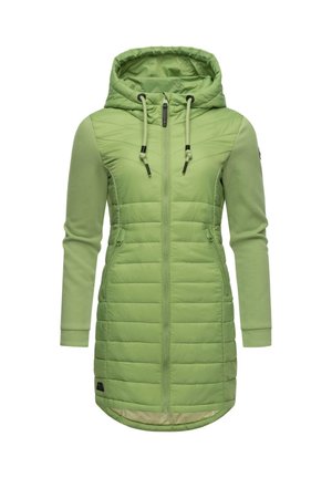 Groene hoodie met gewatteerd lijf, gladde mouwen, twee ritszakken aan de zijkanten en trekkoorden bij de capuchon.
