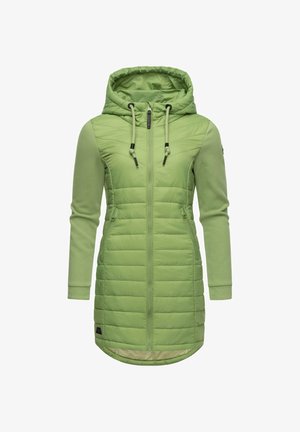 Zielona kurtka z kapturem, pikowana z przodu, gładkie rękawy, dwa zapinane na zamek boczne kieszenie oraz sznurki przy kapturze.