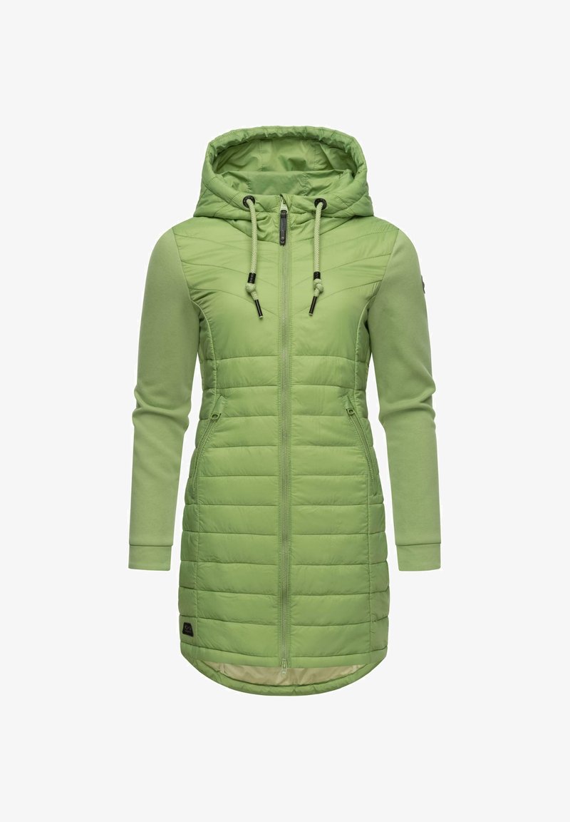 Grønn hettegenser med quiltet kropp, glatte ermer, to glidelås-lommer på siden, og snorer i hetten.