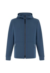 Chaqueta azul con capucha, mangas largas, cremallera frontal y dos bolsillos con cremallera, exhibida sobre un fondo blanco.