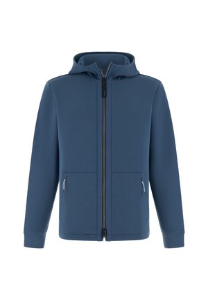 Chaqueta azul con capucha, mangas largas, cremallera frontal y dos bolsillos con cremallera, exhibida sobre un fondo blanco.