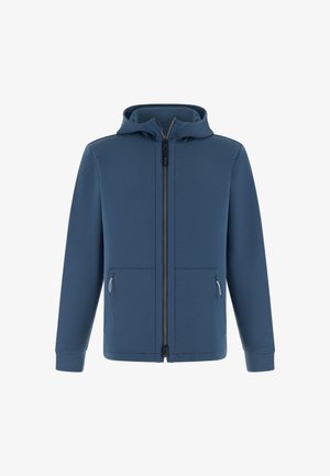 Modrá mikina s kapucí, dlouhými rukávy, předním zipem a dvěma kapsami na zip, zobrazena na bílém pozadí.