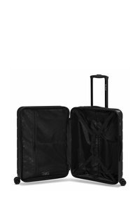 Valigia rigida nera con doppia cerniera, tasca interna in rete, cinghie incrociate e maniglia retrattile. Dotata di quattro ruote per la mobilità.