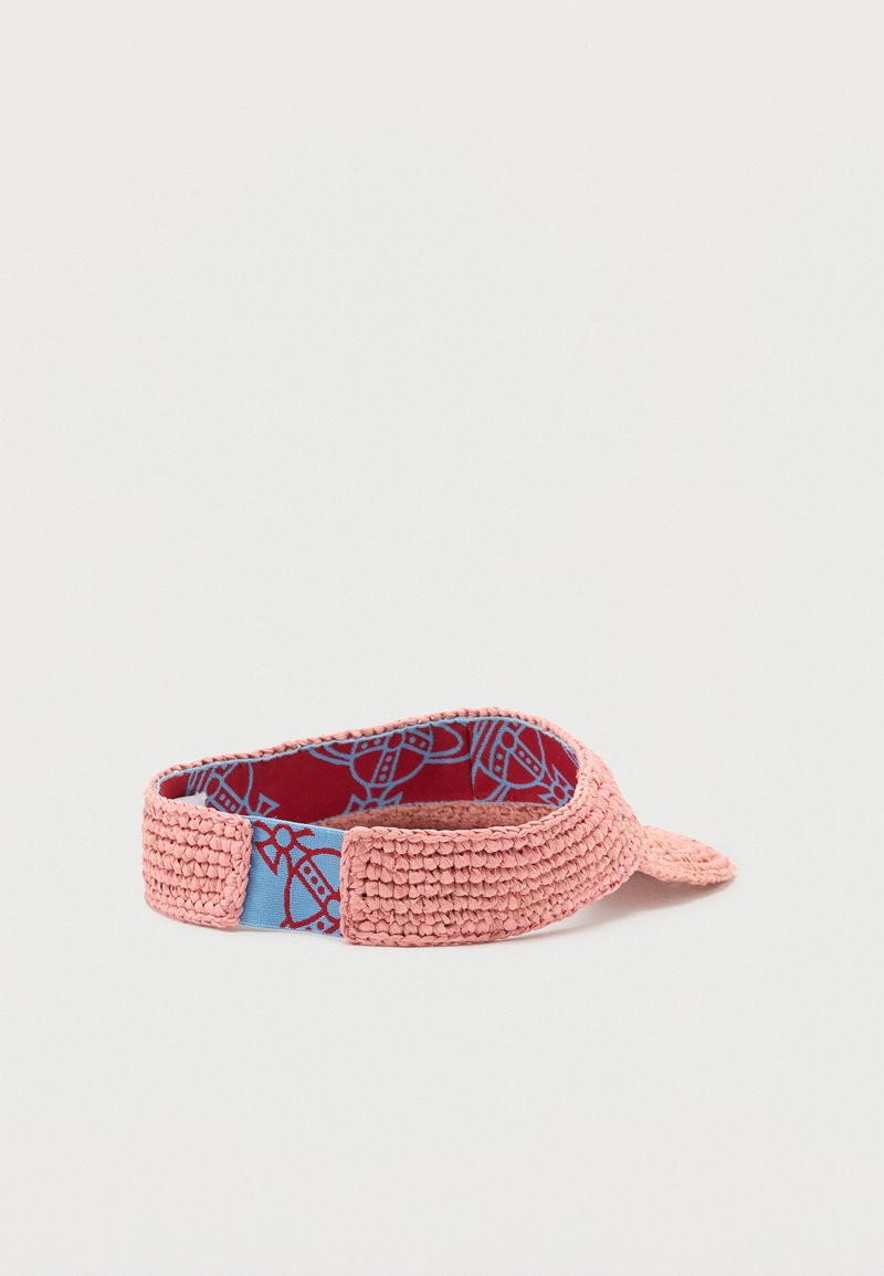 Visiera da sole in tessuto intrecciato rosa con fascia interna decorata in blu e rosso.