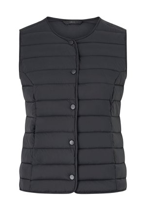 Puffer-Weste in Schwarz mit rundem Halsausschnitt, horizontalen Steppnähten und Druckknöpfen auf der Vorderseite. Leichtes Material und ohne Ärmel.