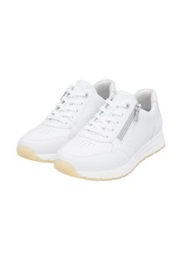White sneakers with a smooth leather upper, lace-up closure, side zipper, perforated detailing, and a light rubber sole.